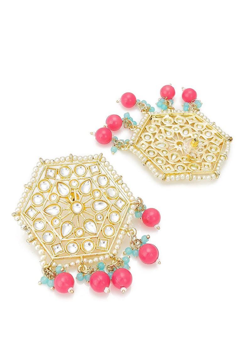 Gold Toned And Red Geometric Studs Earrings