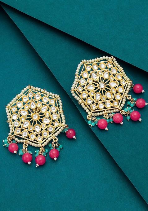 Gold Toned And Red Geometric Studs Earrings