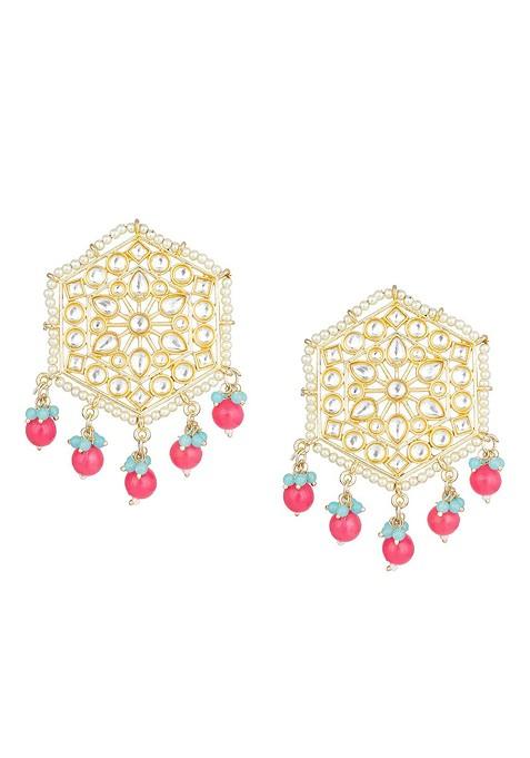 Gold Toned And Red Geometric Studs Earrings