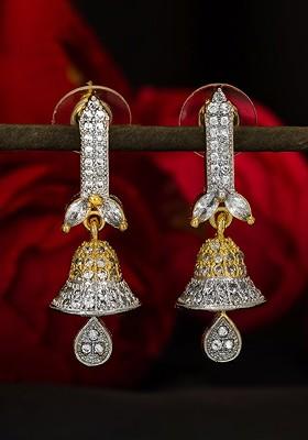 Gold Toned And White Geometric Jhumkas Earrings