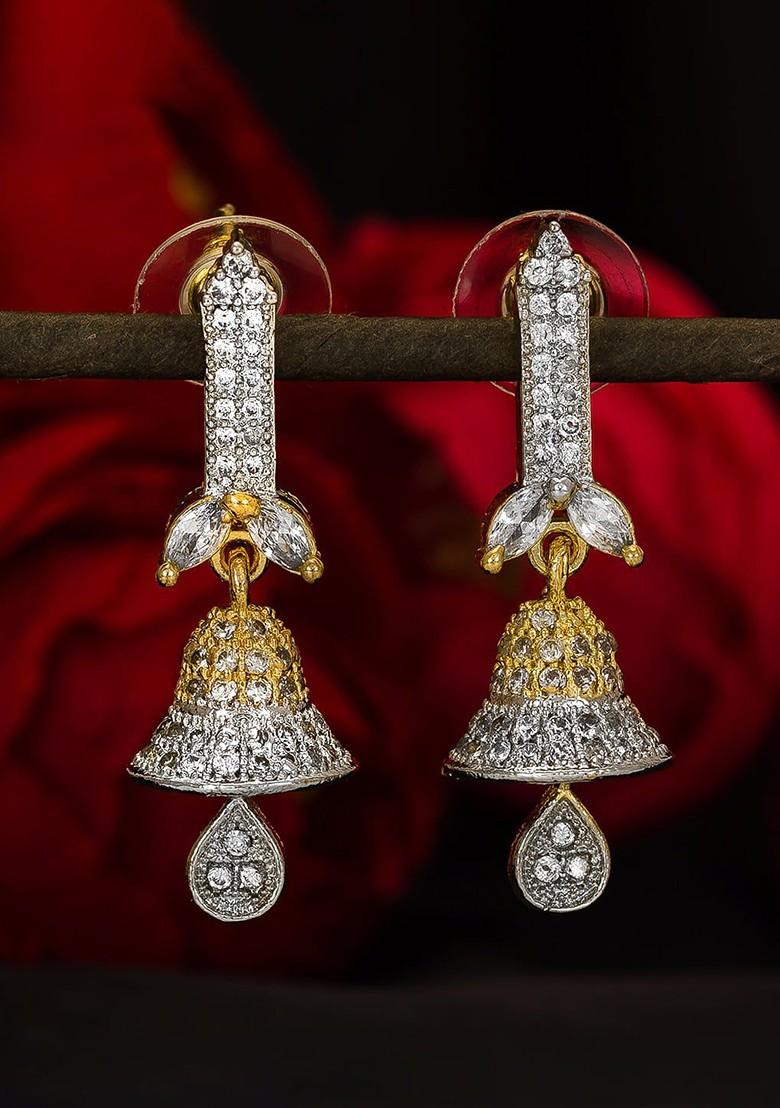 Gold Toned And White Geometric Jhumkas Earrings