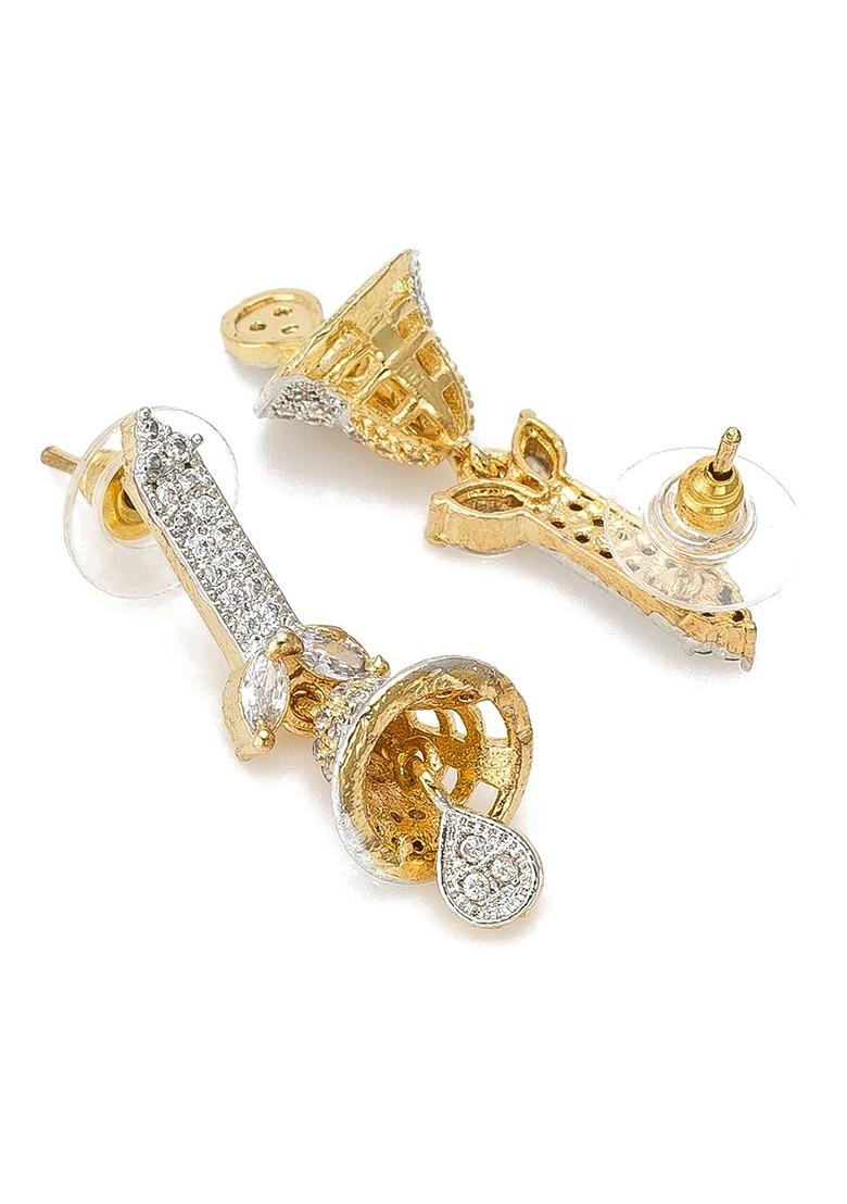 Gold Toned And White Geometric Jhumkas Earrings