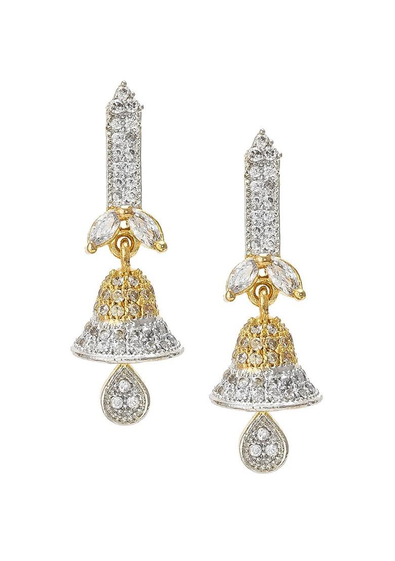 Gold Toned And White Geometric Jhumkas Earrings