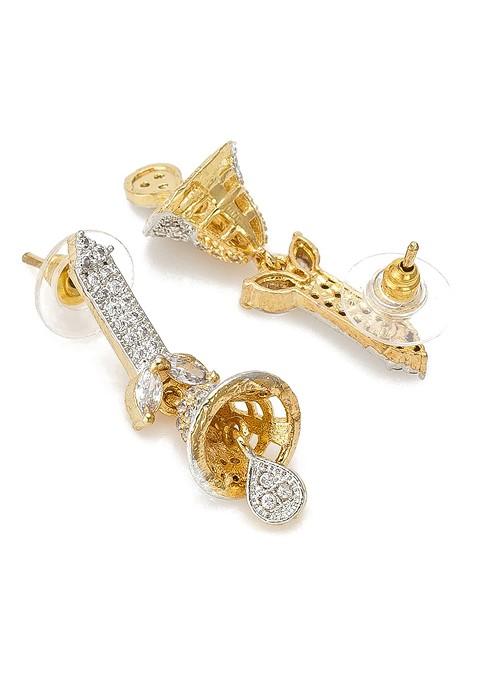 Gold Toned And White Geometric Jhumkas Earrings