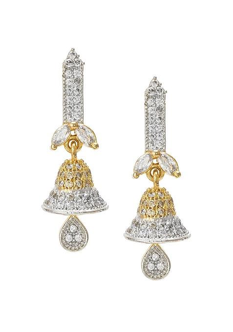 Gold Toned And White Geometric Jhumkas Earrings