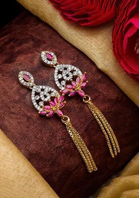 Gold Plated And Pink Floral Drop Earrings