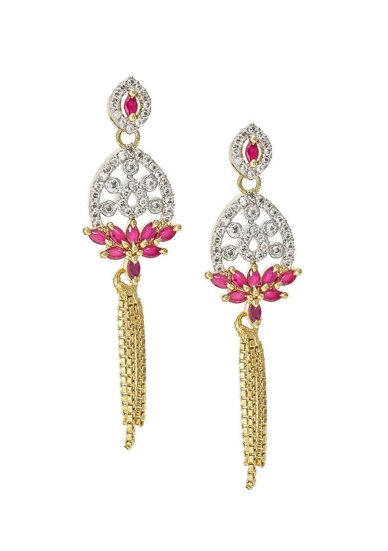 Gold Plated And Pink Floral Drop Earrings