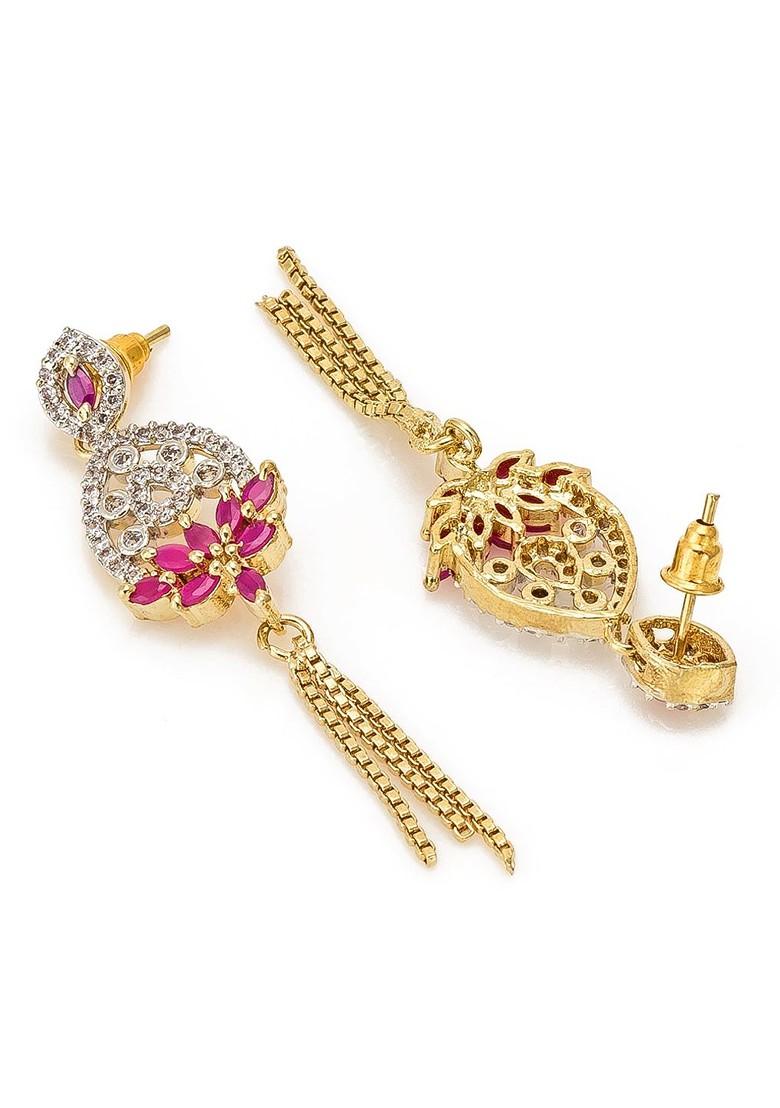 Gold Plated And Pink Floral Drop Earrings
