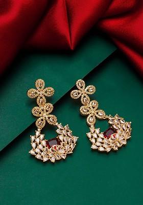 Gold Plated White And Red Stone Studded Drop Earrings