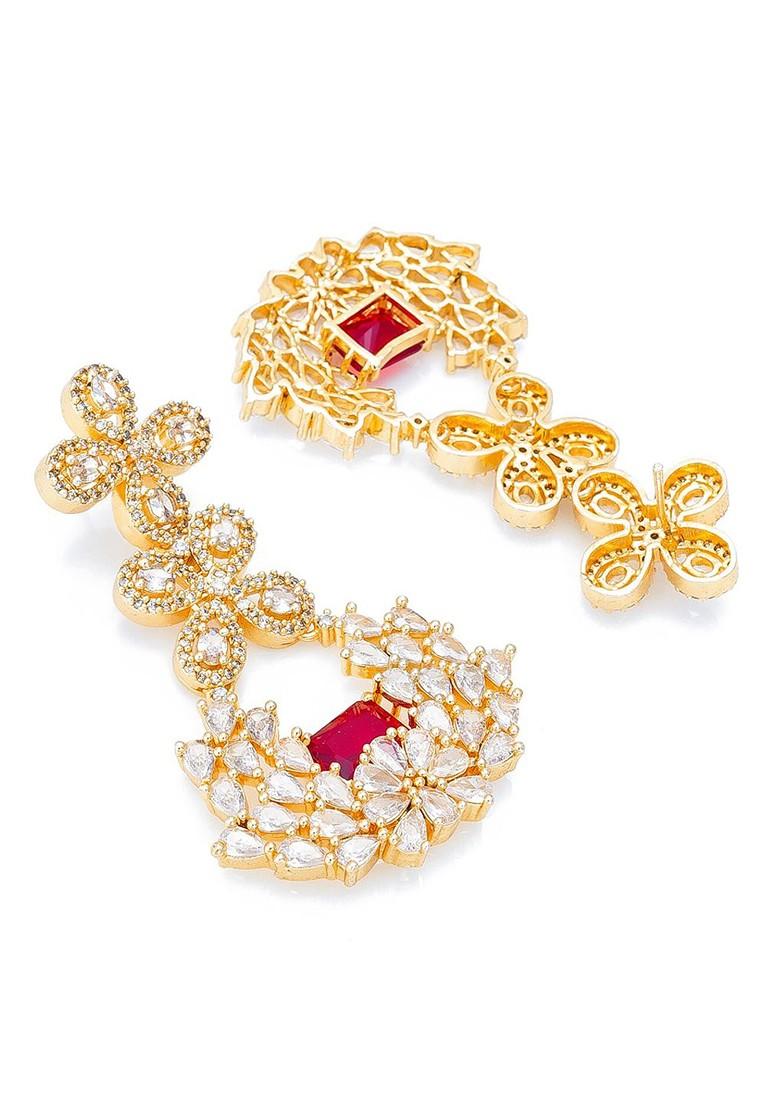 Gold Plated White And Red Stone Studded Drop Earrings