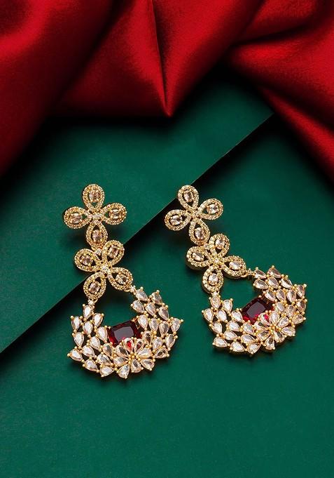 Gold Plated White And Red Stone Studded Drop Earrings
