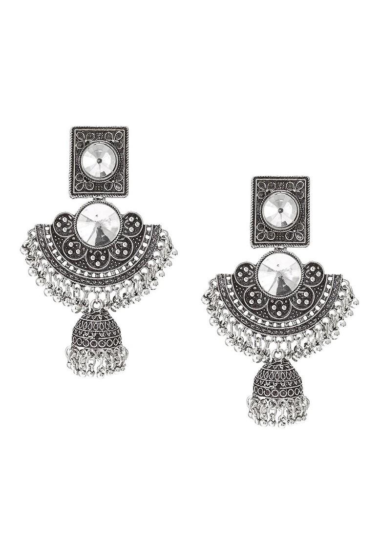 Silver Silver Toned Geometric Jhumkas Earrings