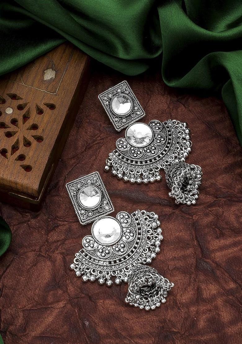 Silver Silver Toned Geometric Jhumkas Earrings