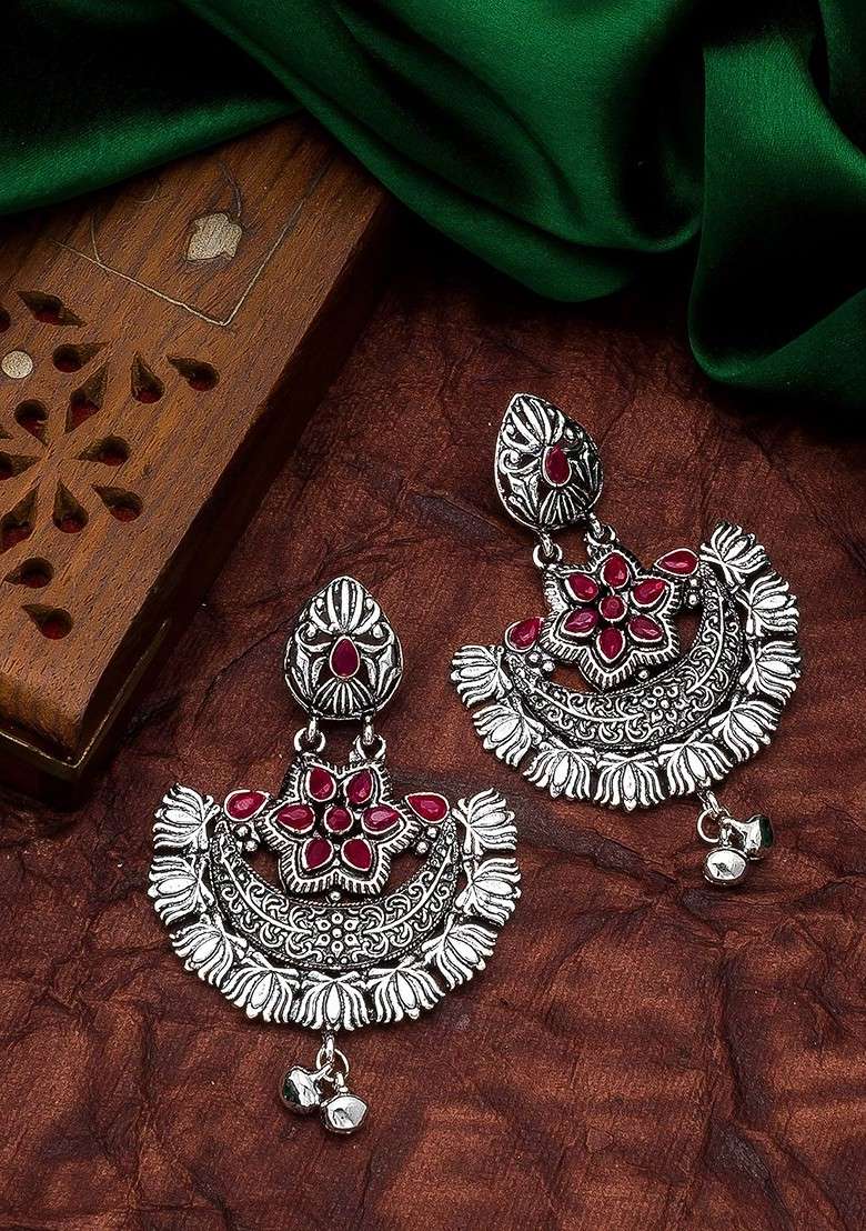 Silver Silver Toned And Red German Oxidised Geometric Chandbalis Earrings - Indya