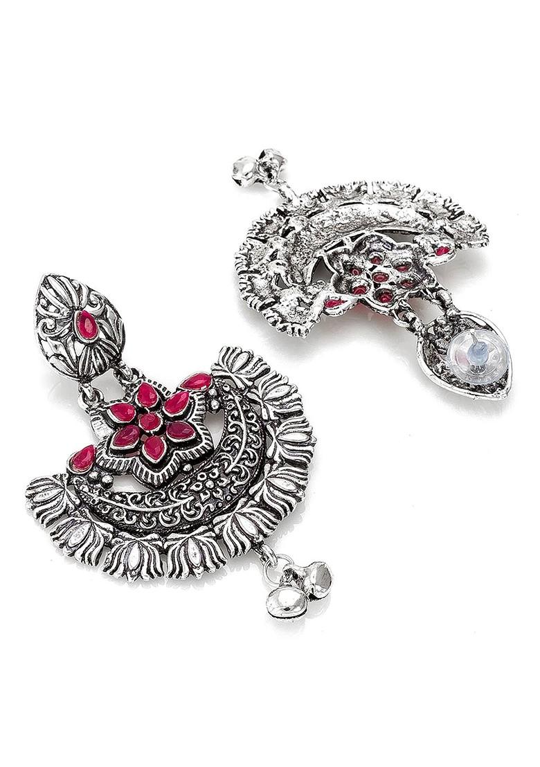 Silver Silver Toned And Red German Oxidised Geometric Chandbalis Earrings