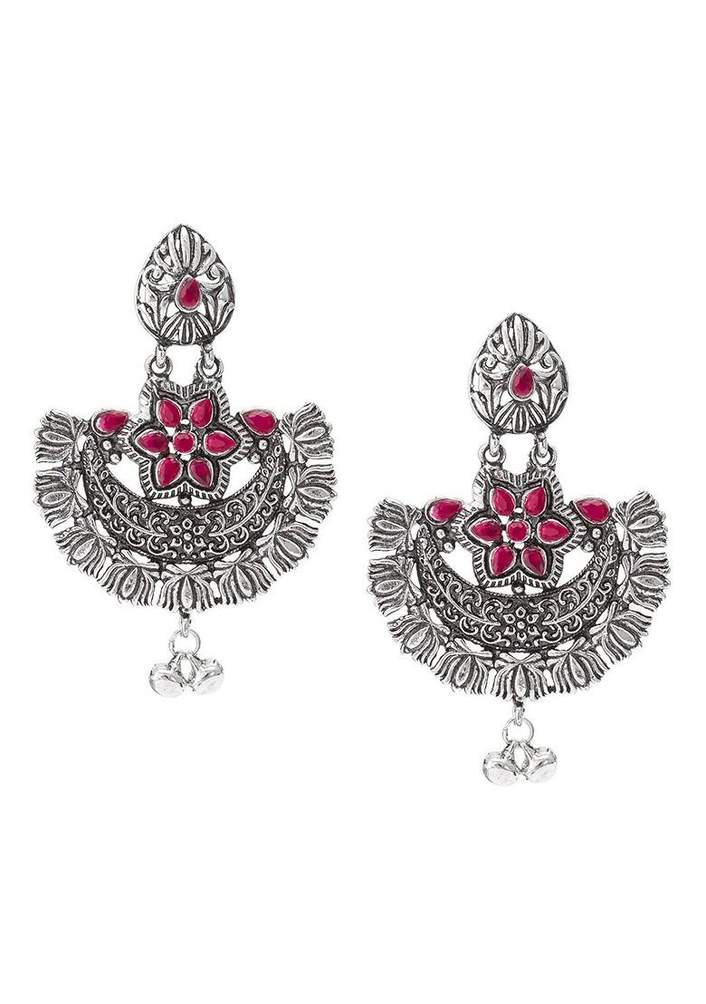 Silver Silver Toned And Red German Oxidised Geometric Chandbalis Earrings