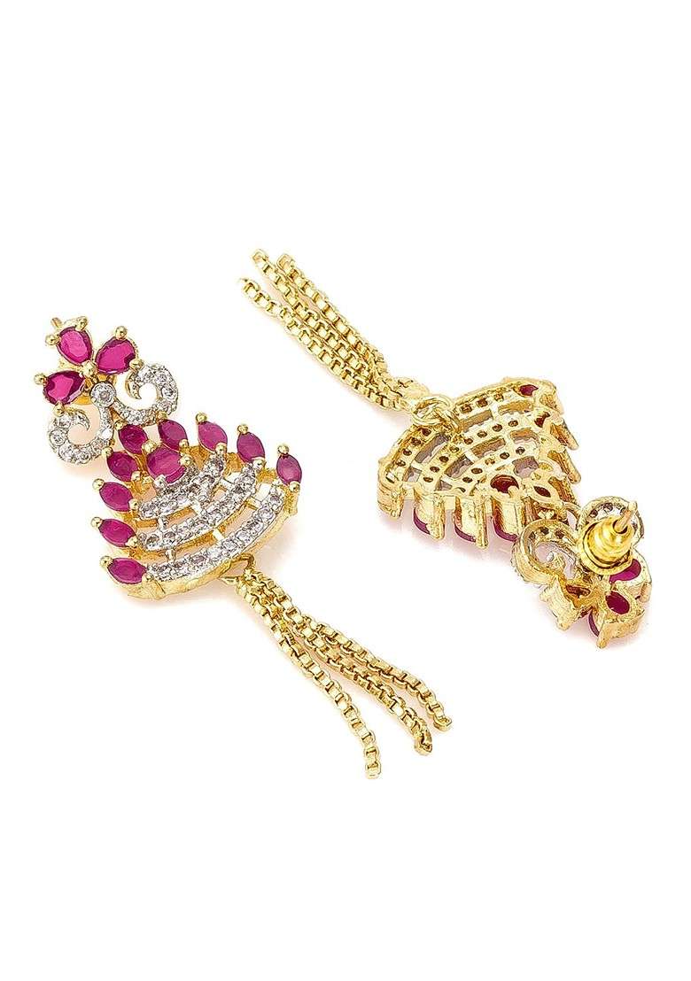Gold Toned And Pink Floral Drop Earrings - Indya