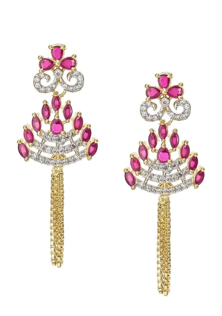 Gold Toned And Pink Floral Drop Earrings
