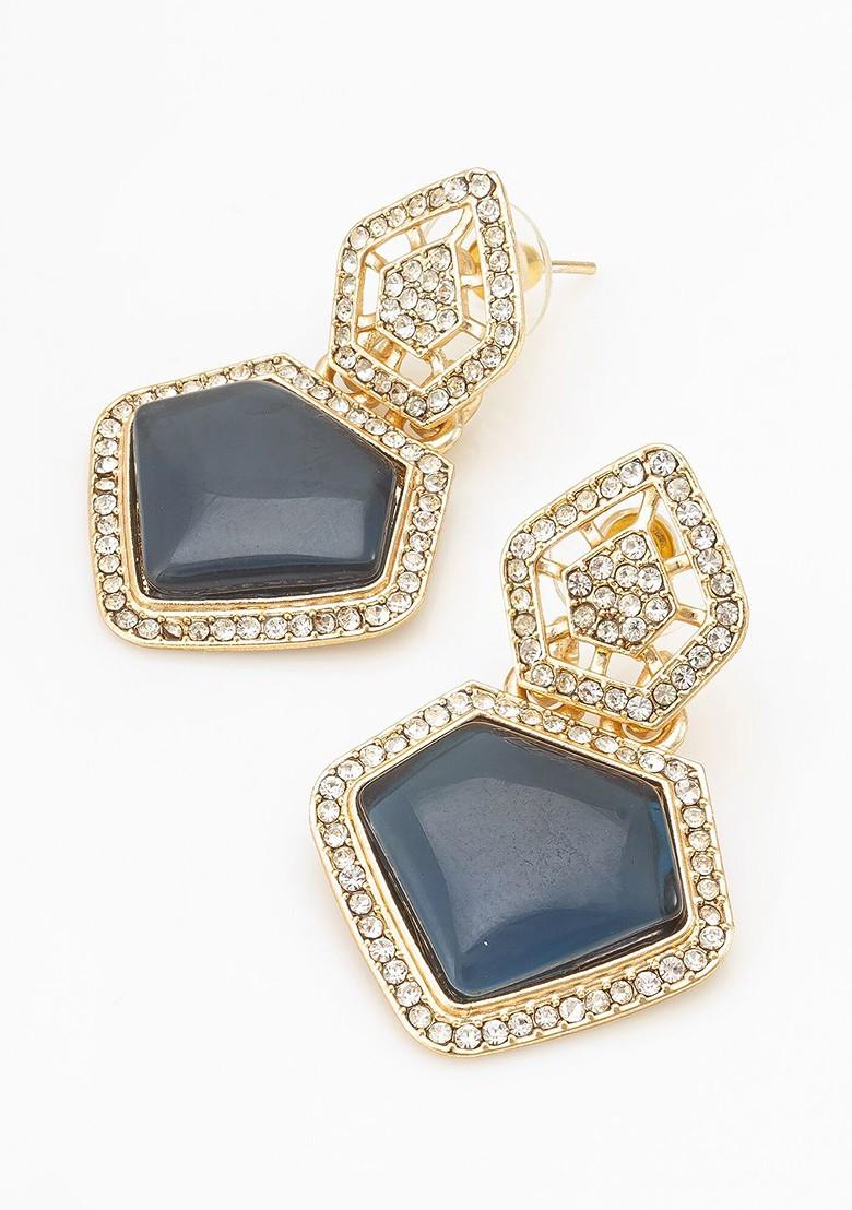 Gold Plated Geometric Stone Studded Drop Earrings
