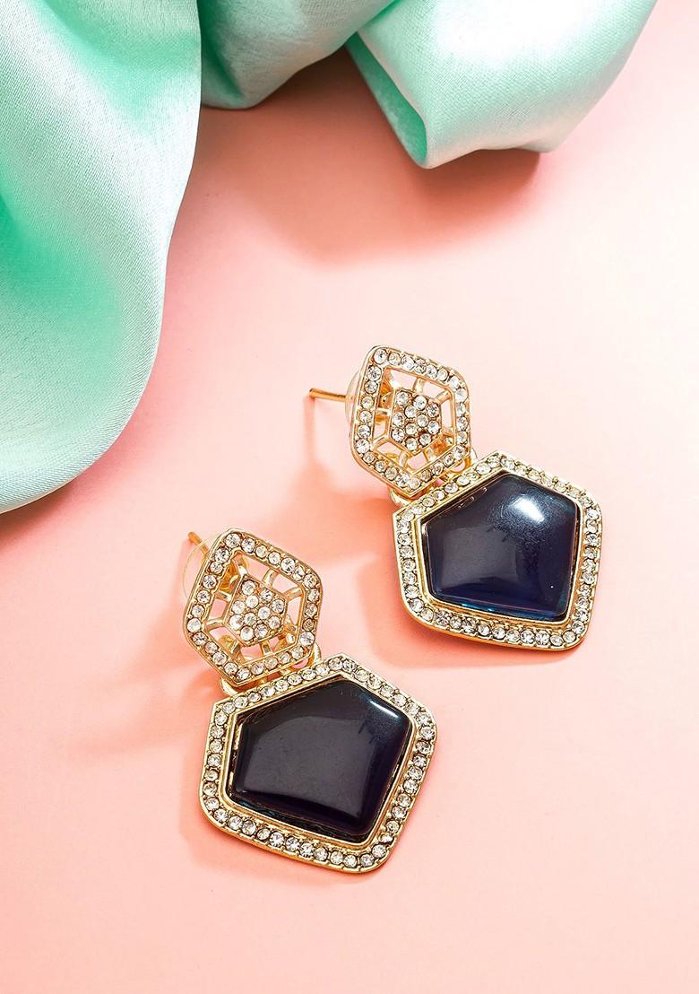 Gold Plated Geometric Stone Studded Drop Earrings