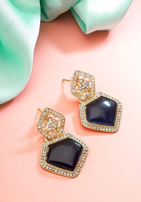 Gold Plated Geometric Stone Studded Drop Earrings