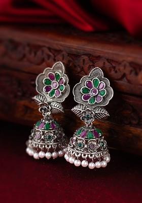 Silver Gold Plated Stone Studded And Beaded Silver Contemporary Jhumkas