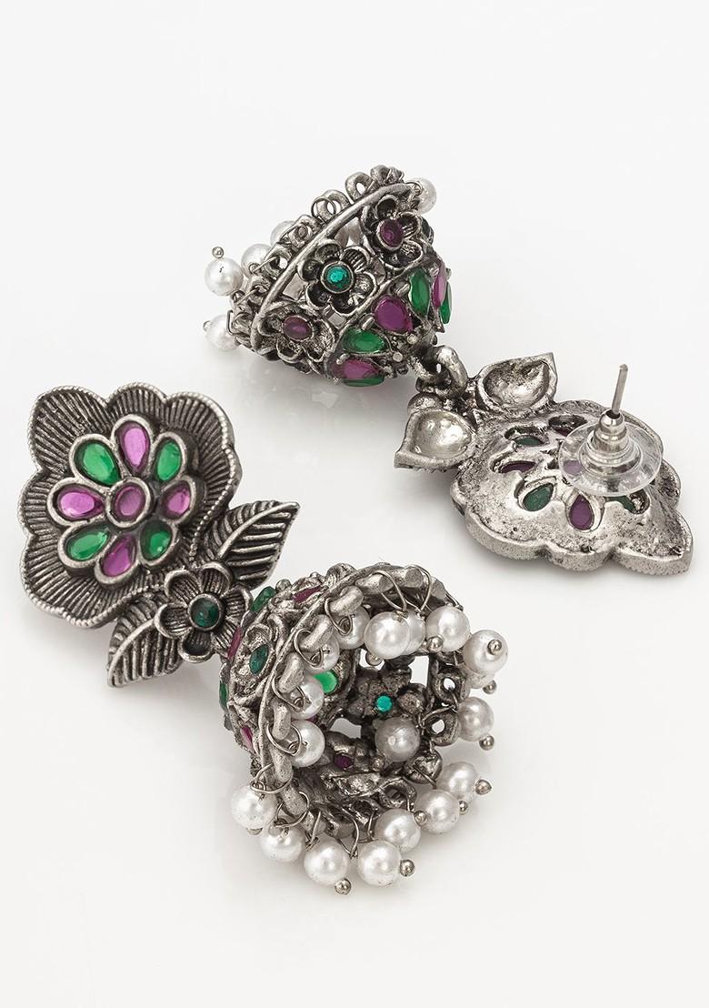 Silver Gold Plated Stone Studded And Beaded Silver Contemporary Jhumkas