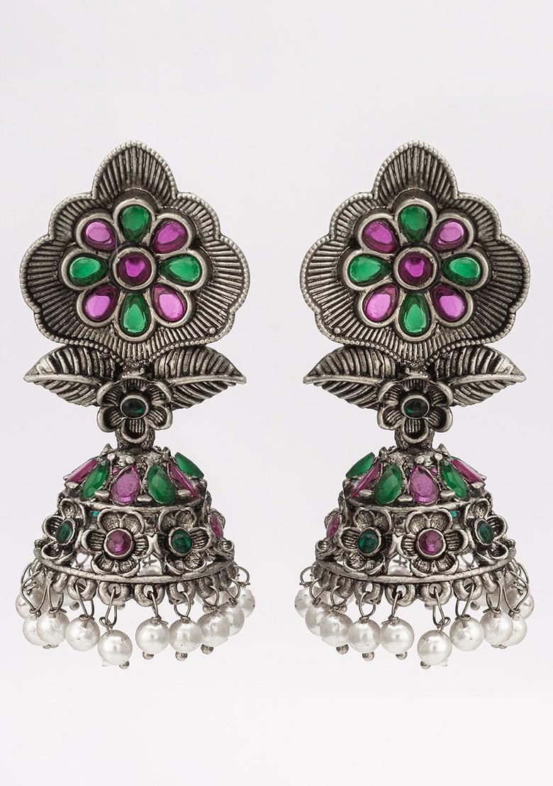 Silver Gold Plated Stone Studded And Beaded Silver Contemporary Jhumkas