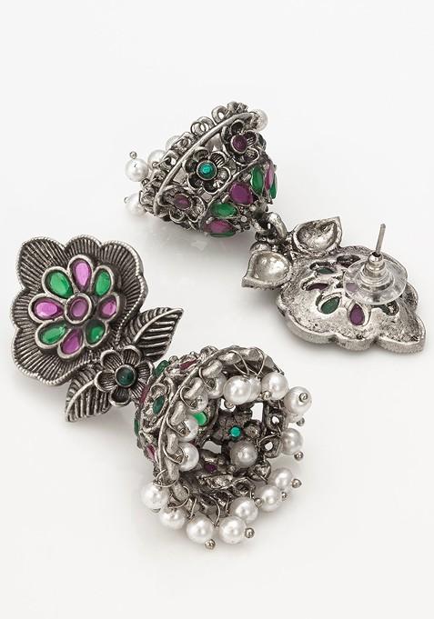 Silver Gold Plated Stone Studded And Beaded Silver Contemporary Jhumkas