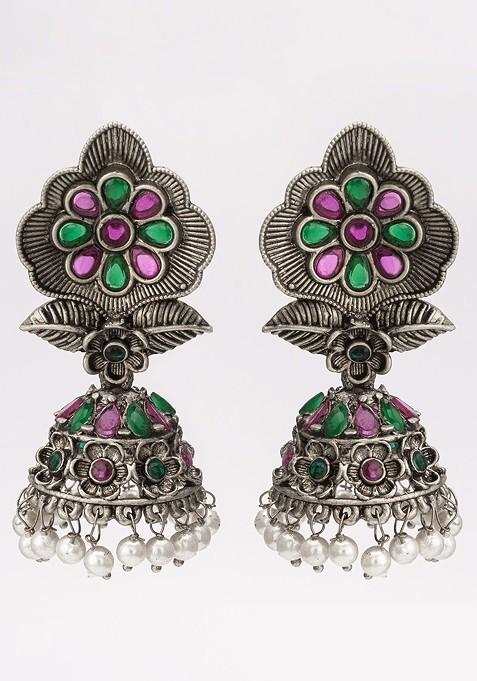Silver Gold Plated Stone Studded And Beaded Silver Contemporary Jhumkas