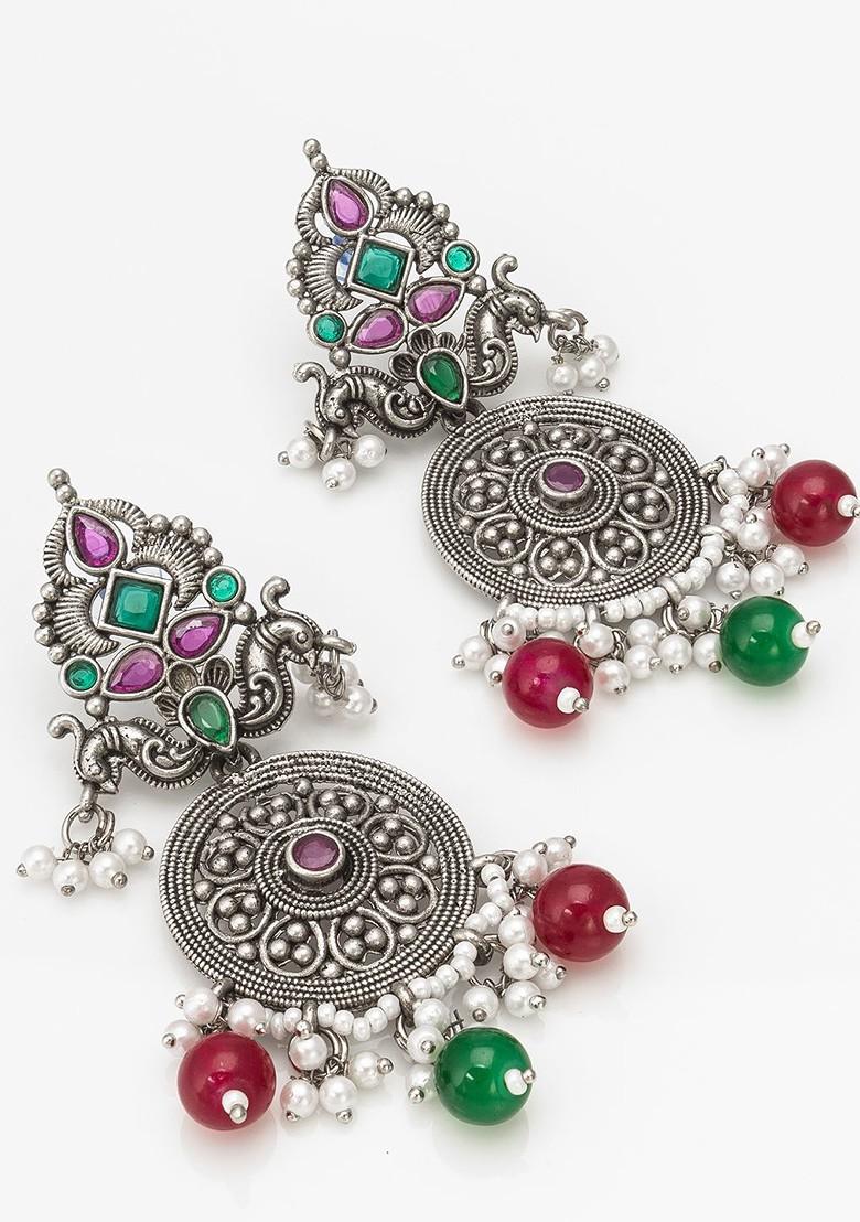 Silver Gold Plated Stone Studded And Beaded Silver Contemporary Drop Earrings