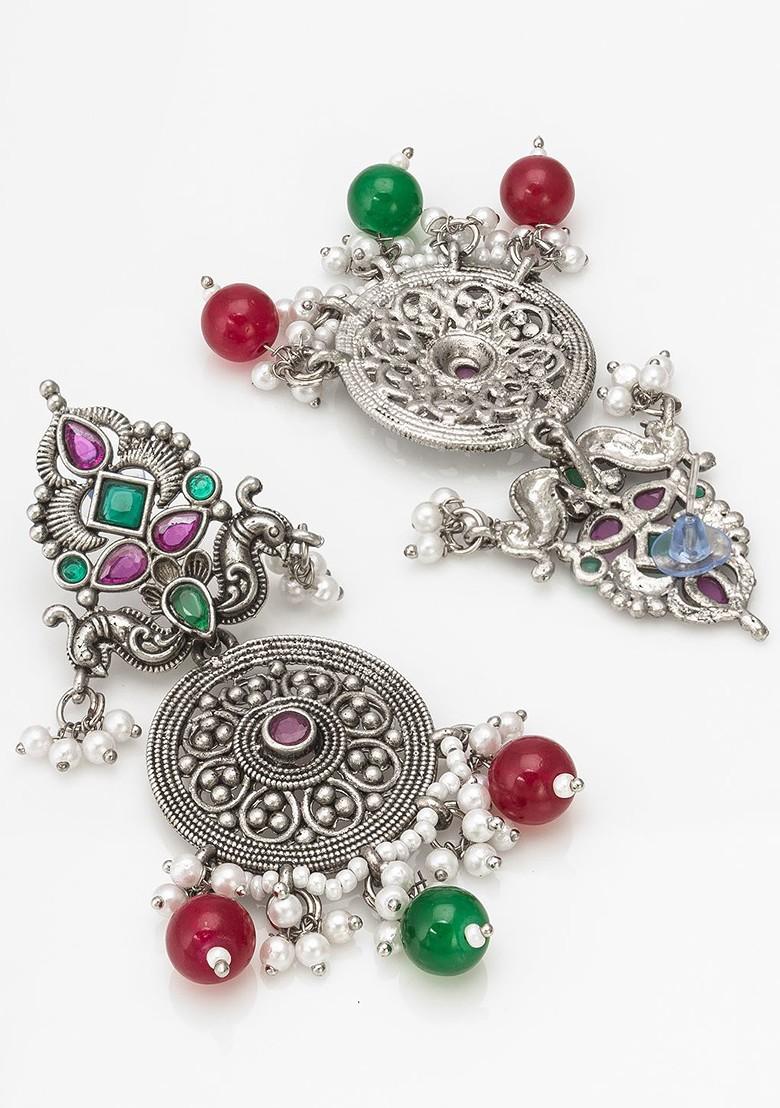 Silver Gold Plated Stone Studded And Beaded Silver Contemporary Drop Earrings