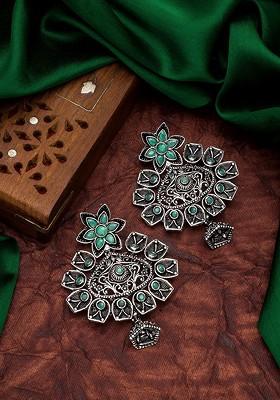 Silver Oxidised Silver Toned And Sea Green Classic Drop Earrings