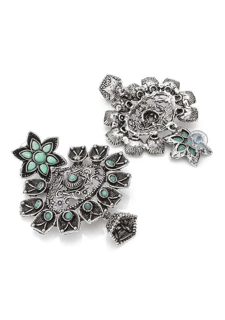 Silver Oxidised Silver Toned And Sea Green Classic Drop Earrings - Indya