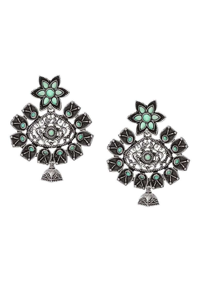 Silver Oxidised Silver Toned And Sea Green Classic Drop Earrings - Indya