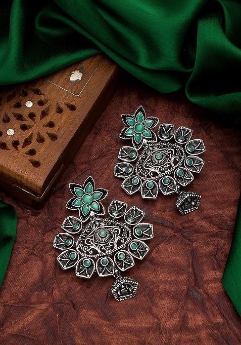 Silver Oxidised Silver Toned And Sea Green Classic Drop Earrings