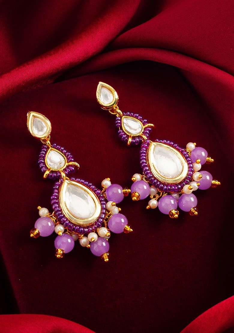 Gold Plated Classic Kundan And Ad Studded Drop Earrings - Indya