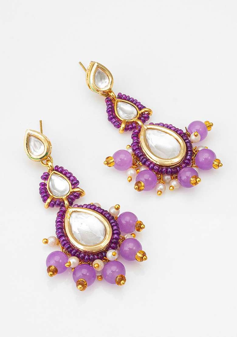 Gold Plated Classic Kundan And Ad Studded Drop Earrings - Indya