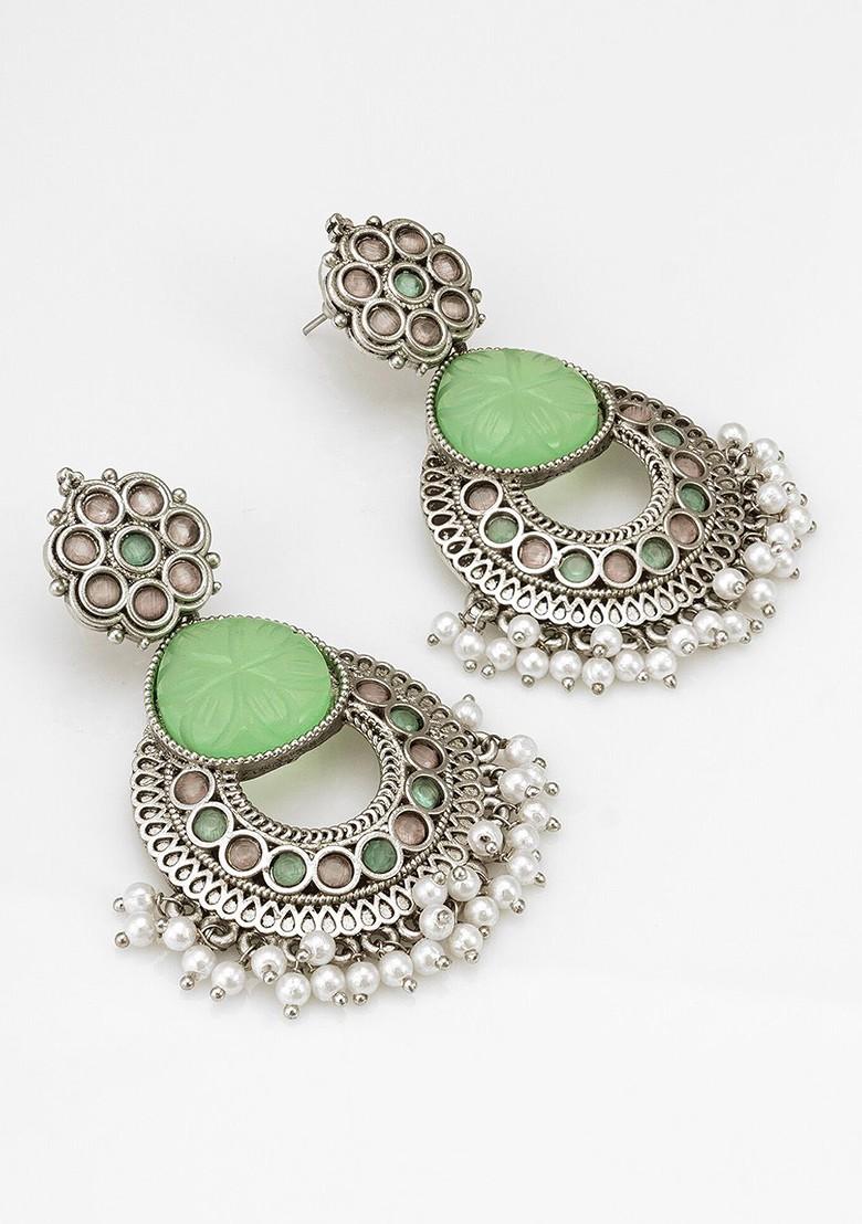 Silver Stone Studded And Beaded Contemporary Oxidised Drop Earrings