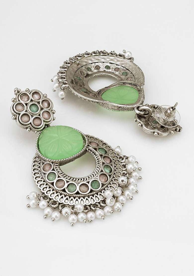 Silver Stone Studded And Beaded Contemporary Oxidised Drop Earrings - Indya