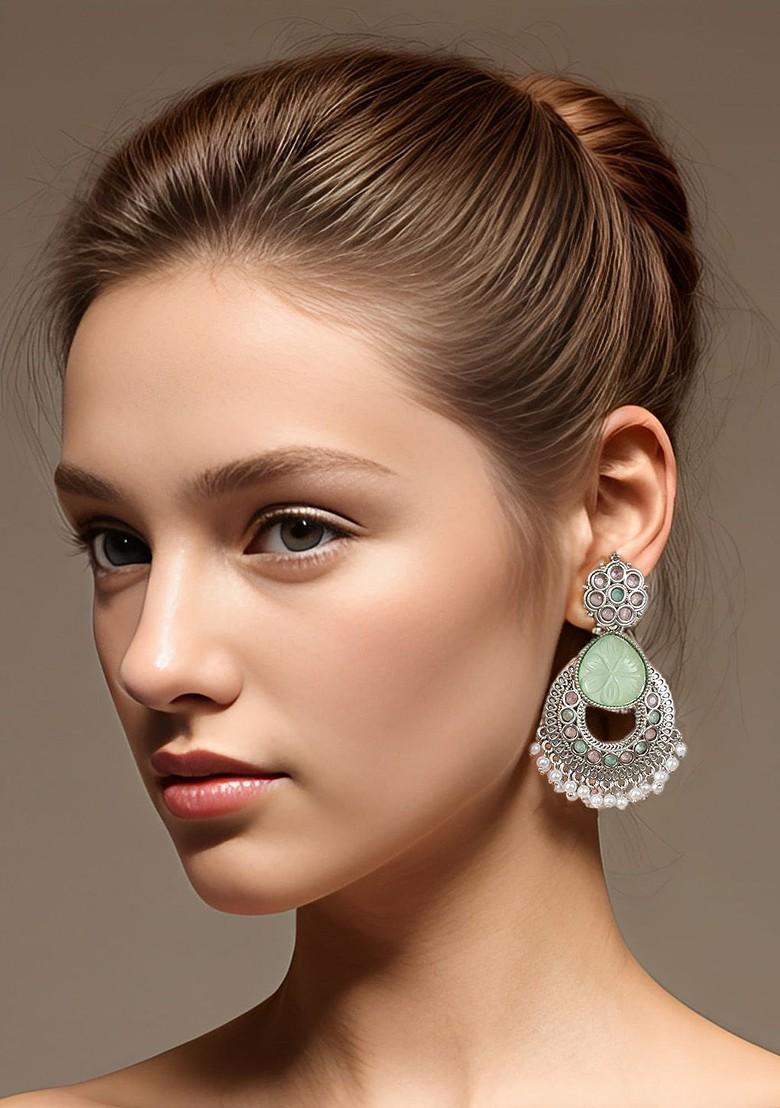 Silver Stone Studded And Beaded Contemporary Oxidised Drop Earrings