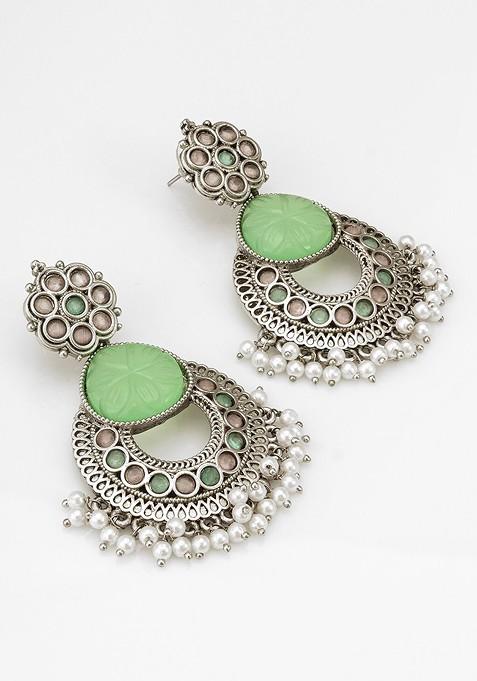 Silver Stone Studded And Beaded Contemporary Oxidised Drop Earrings