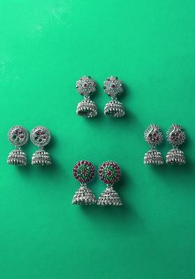 Silver Set Of 4 Silver Plated Artificial Stones Studded Dome Shaped Jhumkas