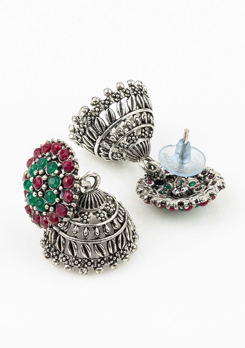 Silver Set Of 4 Silver Plated Artificial Stones Studded Dome Shaped Jhumkas