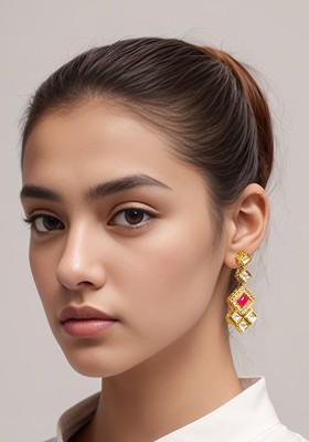 Gold Plated Kundan Studded Contemporary Drop Earrings