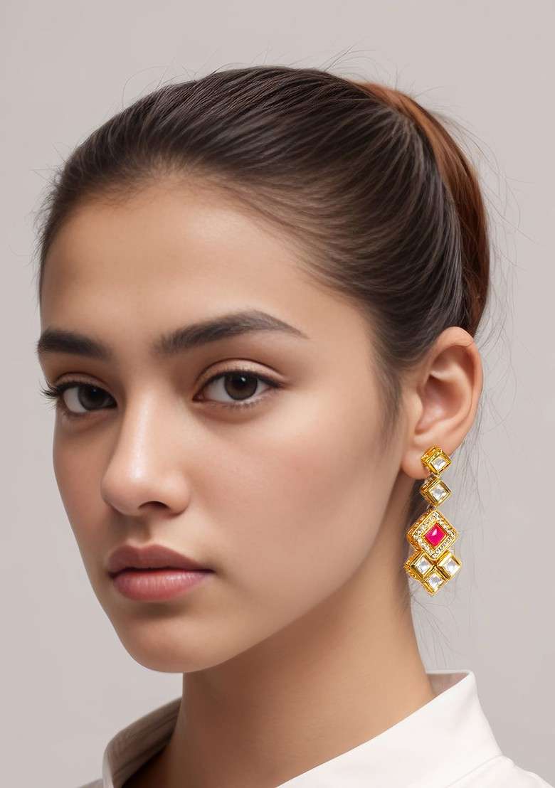 Gold Plated Kundan Studded Contemporary Drop Earrings - Indya