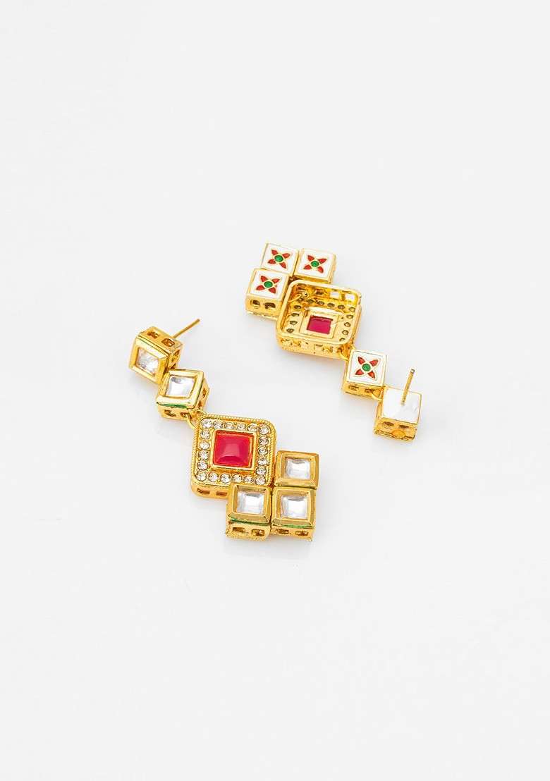 Gold Plated Kundan Studded Contemporary Drop Earrings - Indya
