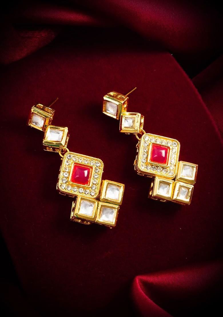 Gold Plated Kundan Studded Contemporary Drop Earrings