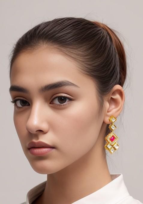 Gold Plated Kundan Studded Contemporary Drop Earrings