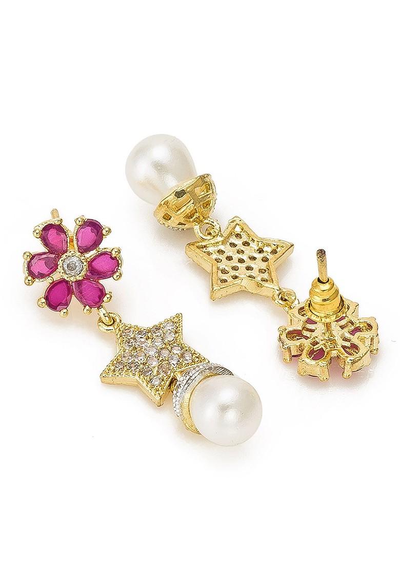 Gold Plated And Pink Star Shaped Drop Earrings